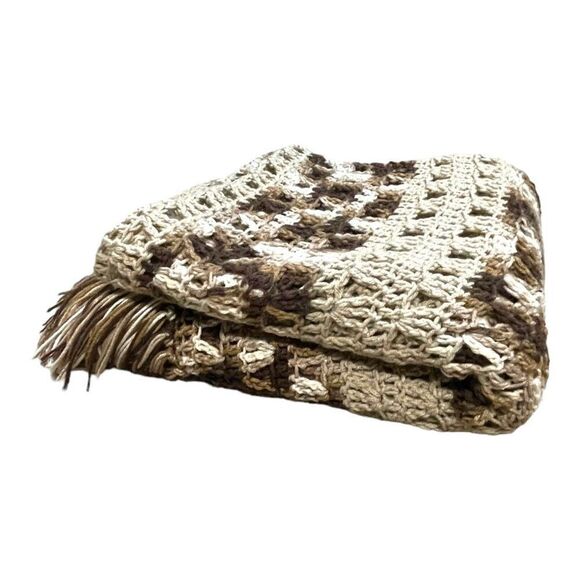 Brown and Cream Beige Handmade Afghan Crochet Blanket Sofa Chair Throw 79x50 - Picture 2 of 6